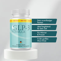 Thumbnail for Weiße GLP-3 Formula Dose auf rundem Podest, daneben vier türkisfarbene Infokästen rechts sichtbar