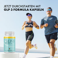 Thumbnail for Zwei Personen joggen im Freien neben weißer GLP-3 Formula Dose und Text zu GLP 3 Formula Kapseln