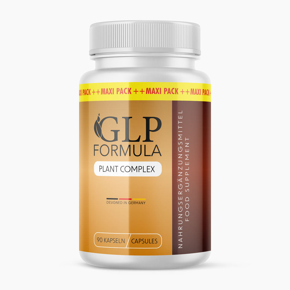Weiße Kunststoffdose mit Aufschrift GLP Formula Plant Complex und Angabe 90 Kapseln