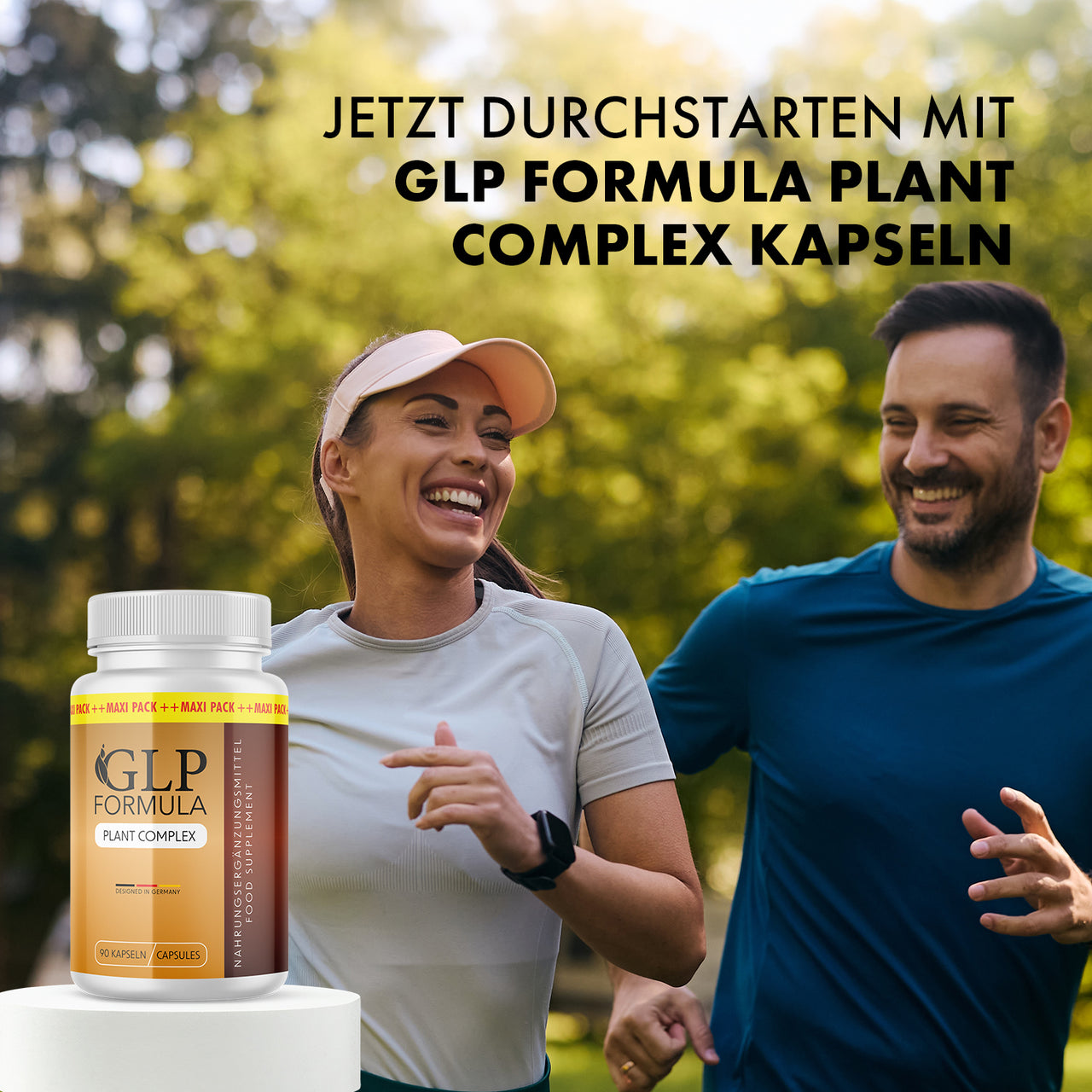 GLP Formula Dose auf Podest vor zwei laufenden Personen im Freien mit Überschrift