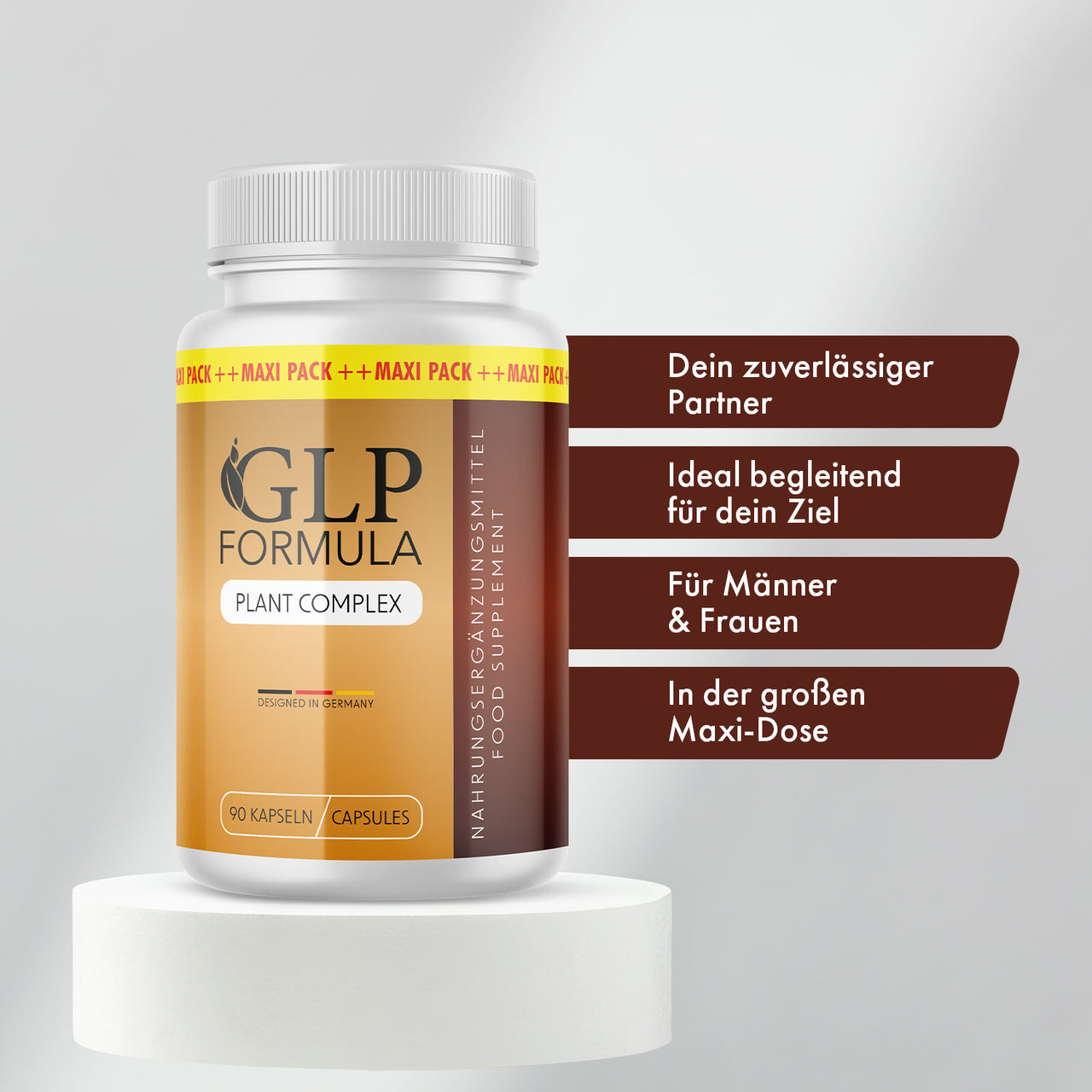 Weiße Dose GLP Formula Plant Complex mit 90 Kapseln auf Podest neben vier Textfeldern