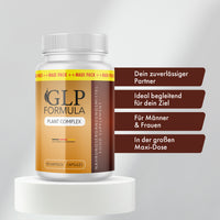 Thumbnail for Weiße Dose GLP Formula Plant Complex mit 90 Kapseln auf Podest neben vier Textfeldern