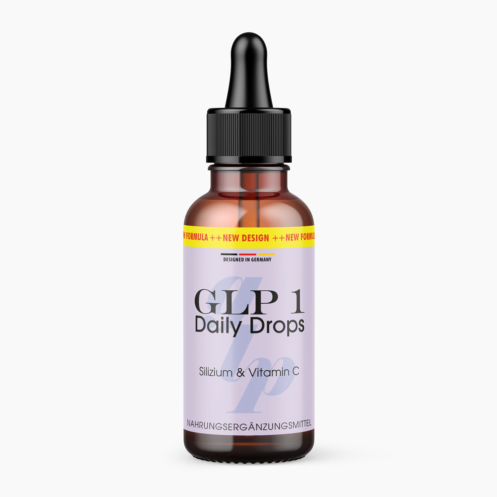 GLP 1 Daily Drops Flasche mit Pipette, lila Etikett und Mengenangabe 50 ml