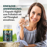 Thumbnail for GLP Formula Forte Anwendungshinweis mit Frau, Wasserglas und Dose: 2 Kapseln täglich zum Frühstück