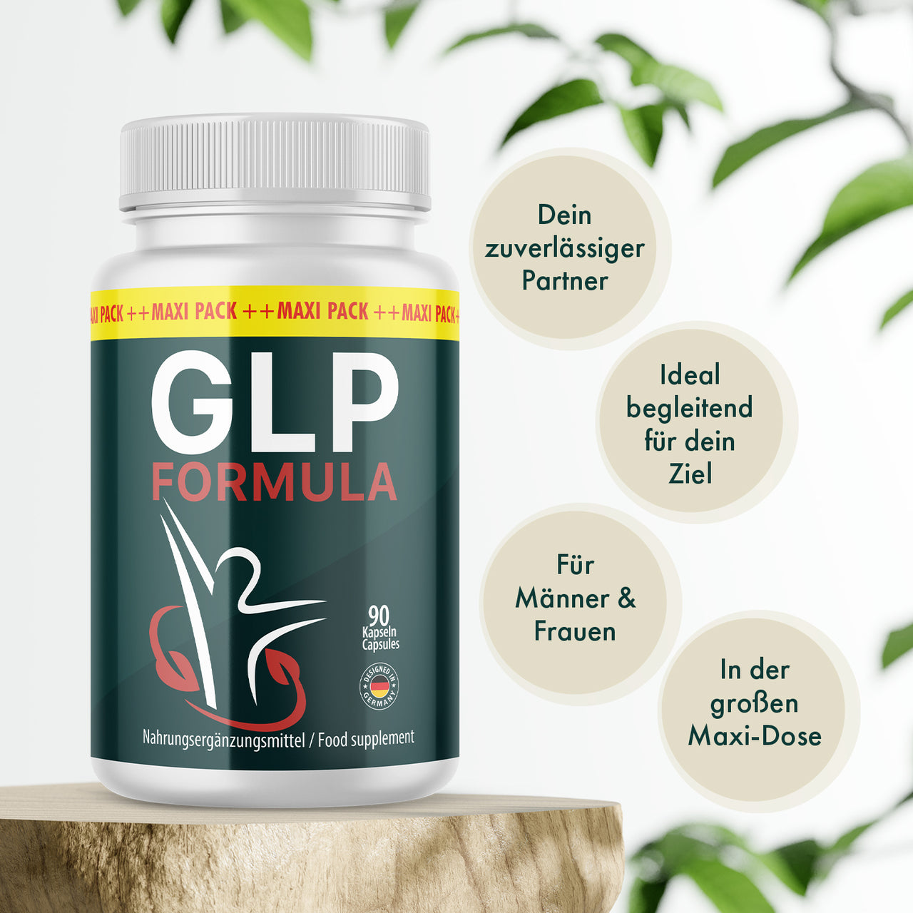 GLP Formula Forte Maxi Pack mit 90 Kapseln auf Holzpodest, daneben Vorteile für Männer und Frauen