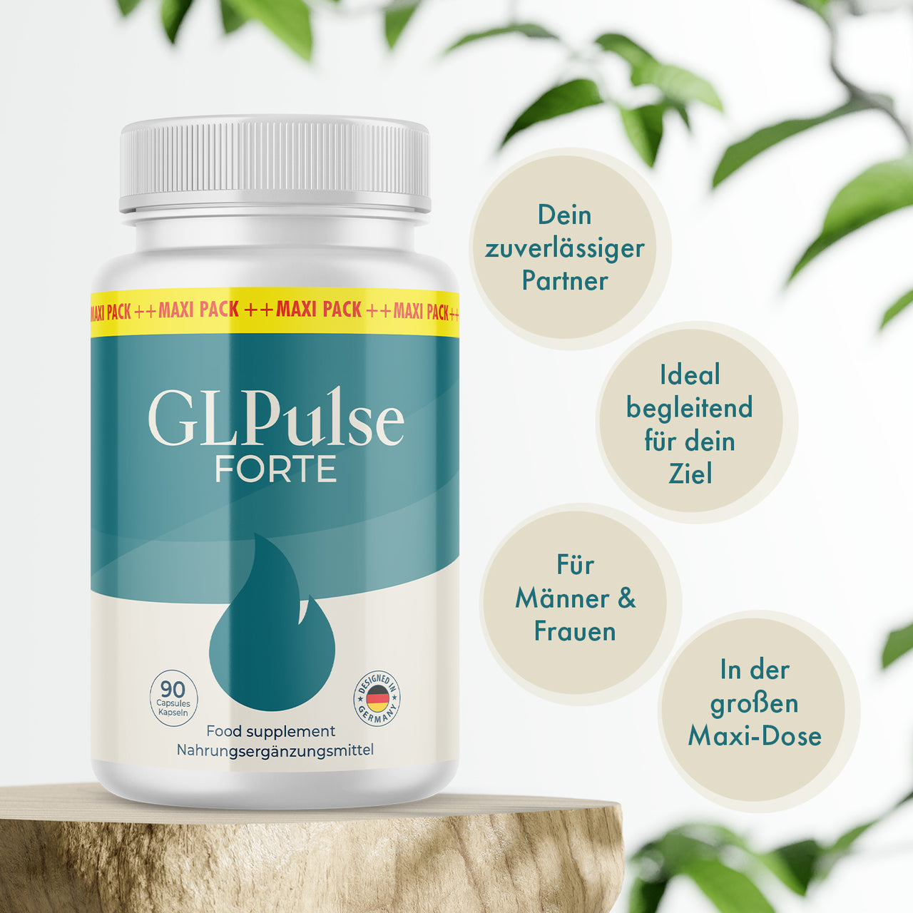 GLPulse Forte Produktbild mit vier hervorgehobenen Vorteilen auf hellem Hintergrund.