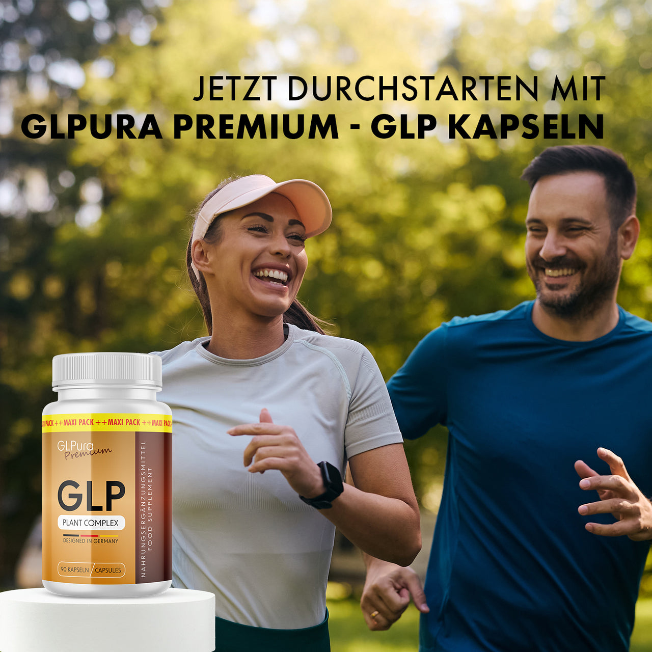 GLPura Premium GLP capsules in front of a running scene with a man and woman in a green setting.