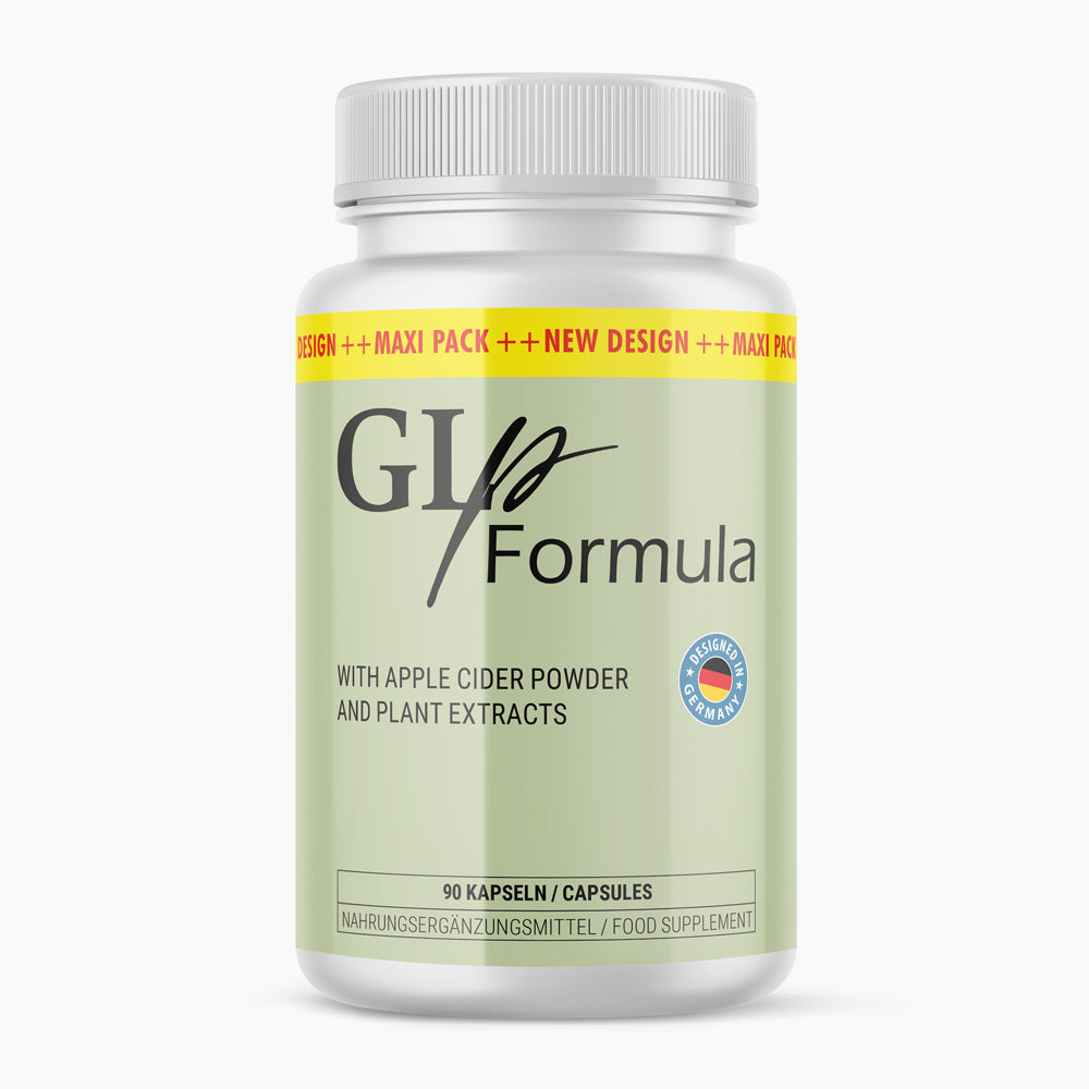 Dose GLp Formula im neuen Design und als Maxi-Pack mit 90 Kapseln, unter anderem mit Apfelessig Pulver und Pflanzenextrakten