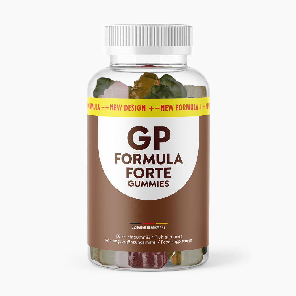 Transparente Dose GP Formula Forte Gummies mit sichtbaren Fruchtgummis und 60 Fruchtgummis angegeben