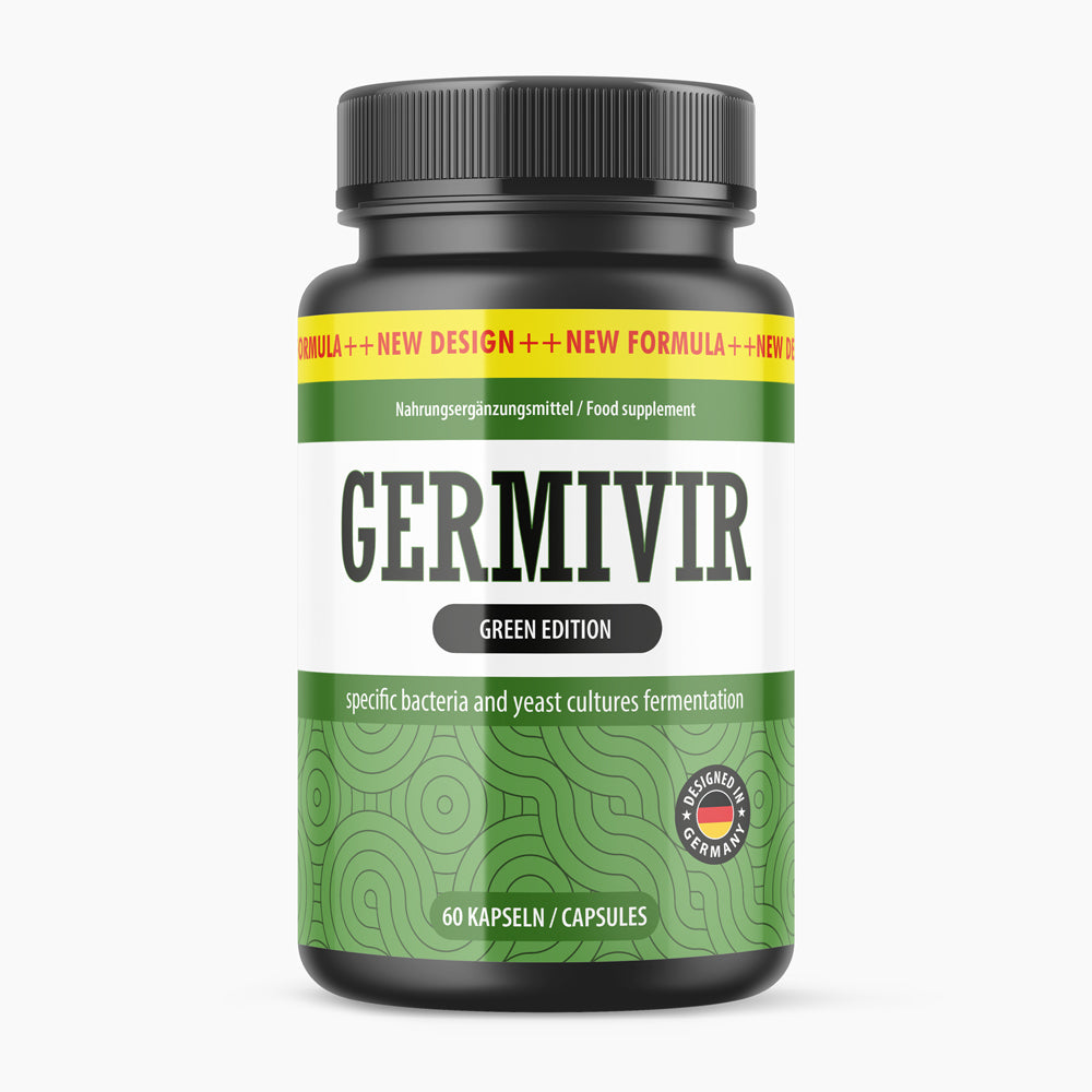 Kunststoffdose mit grünem Etikett und Schrift Germivir Green Edition, 60 Kapseln