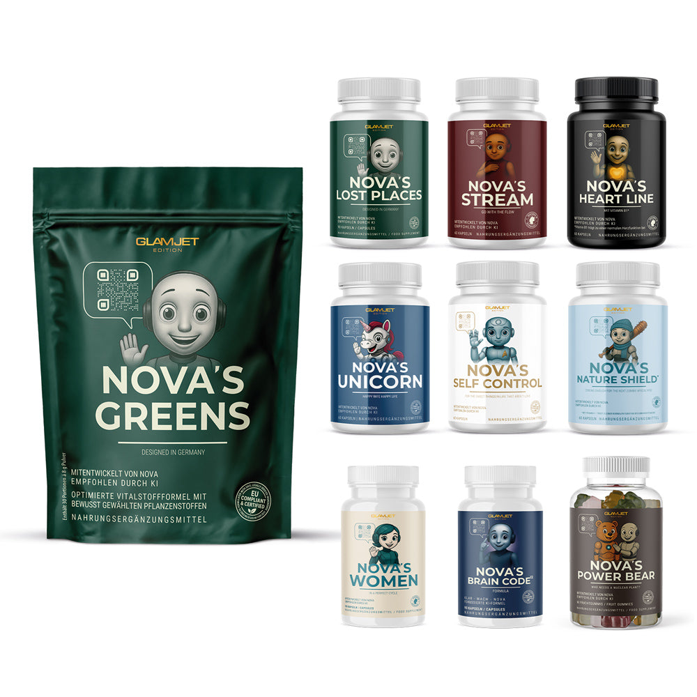 Set aus NOVA’S Produkten Edition mit NOVA’S GREENS Beutel und mehreren Dosen verschiedener Sorten