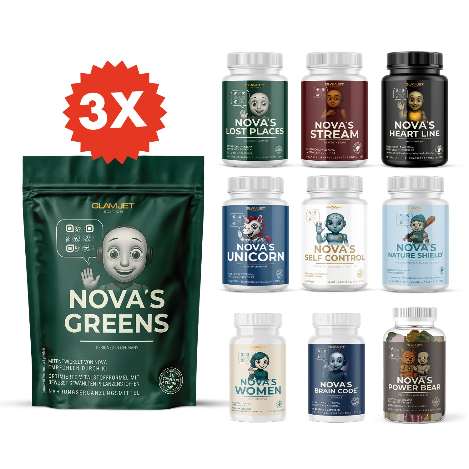 Set aus NOVA’S Produkten 3X Edition mit NOVA’S GREENS Beutel und mehreren Dosen verschiedener Sorten