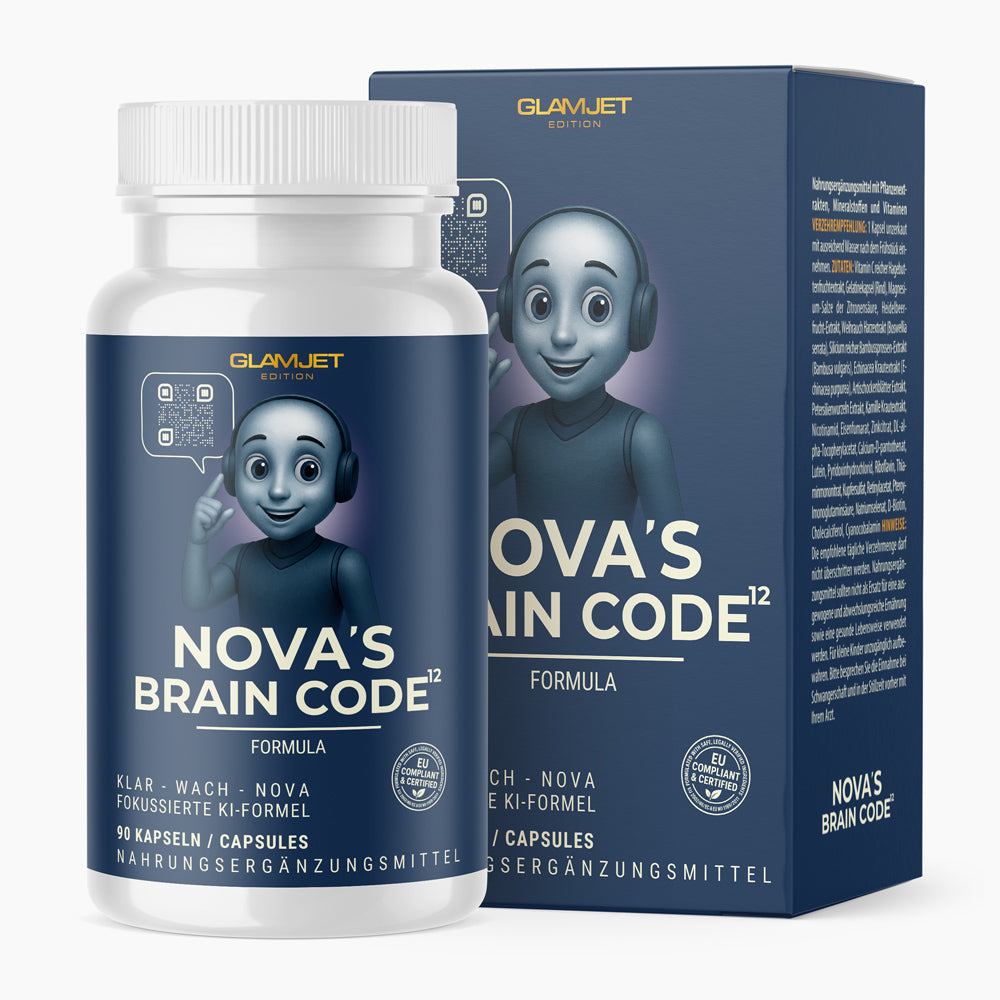 Weiße Kunststoffdose mit blauem Etikett NOVA'S BRAIN CODE, 90 Kapseln, vor passender Faltschachtel