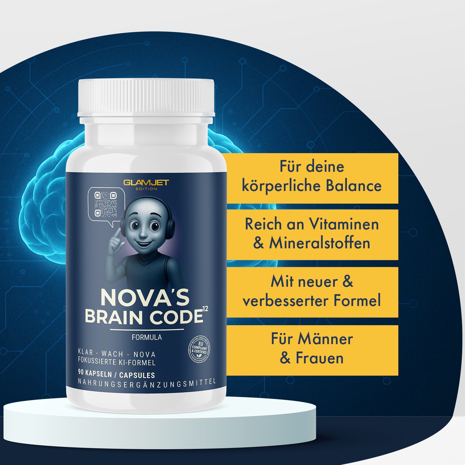 Dose NOVA’S BRAIN CODE mit KI-Figur vor Gehirngrafik und vier gelben Infoboxen rechts
