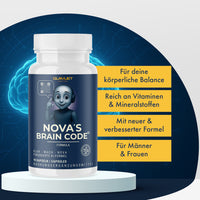 Thumbnail for Dose NOVA’S BRAIN CODE mit KI-Figur vor Gehirngrafik und vier gelben Infoboxen rechts