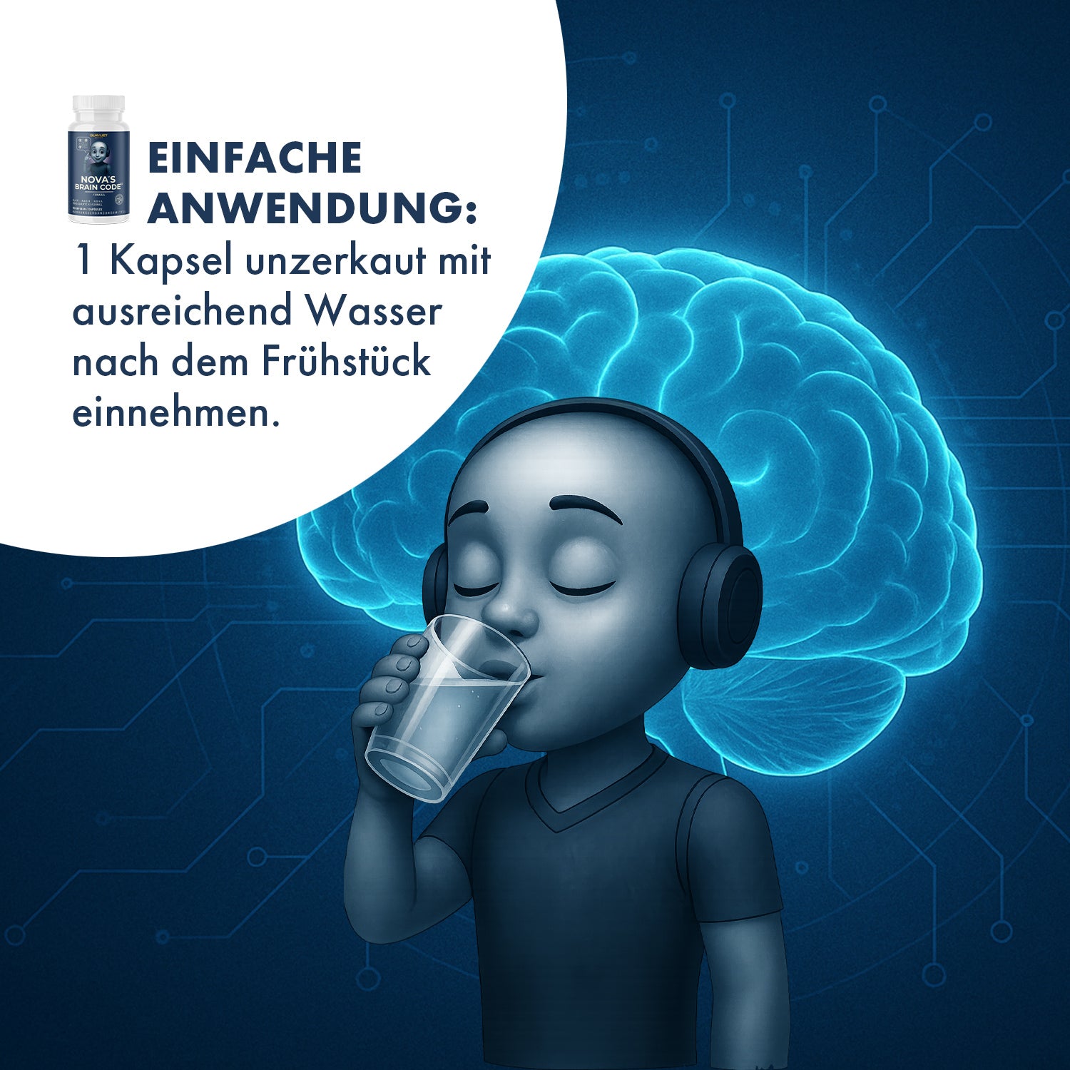 KI-Figur trinkt Wasser vor Gehirngrafik, Anwendungshinweis für NOVA’S BRAIN CODE oben links