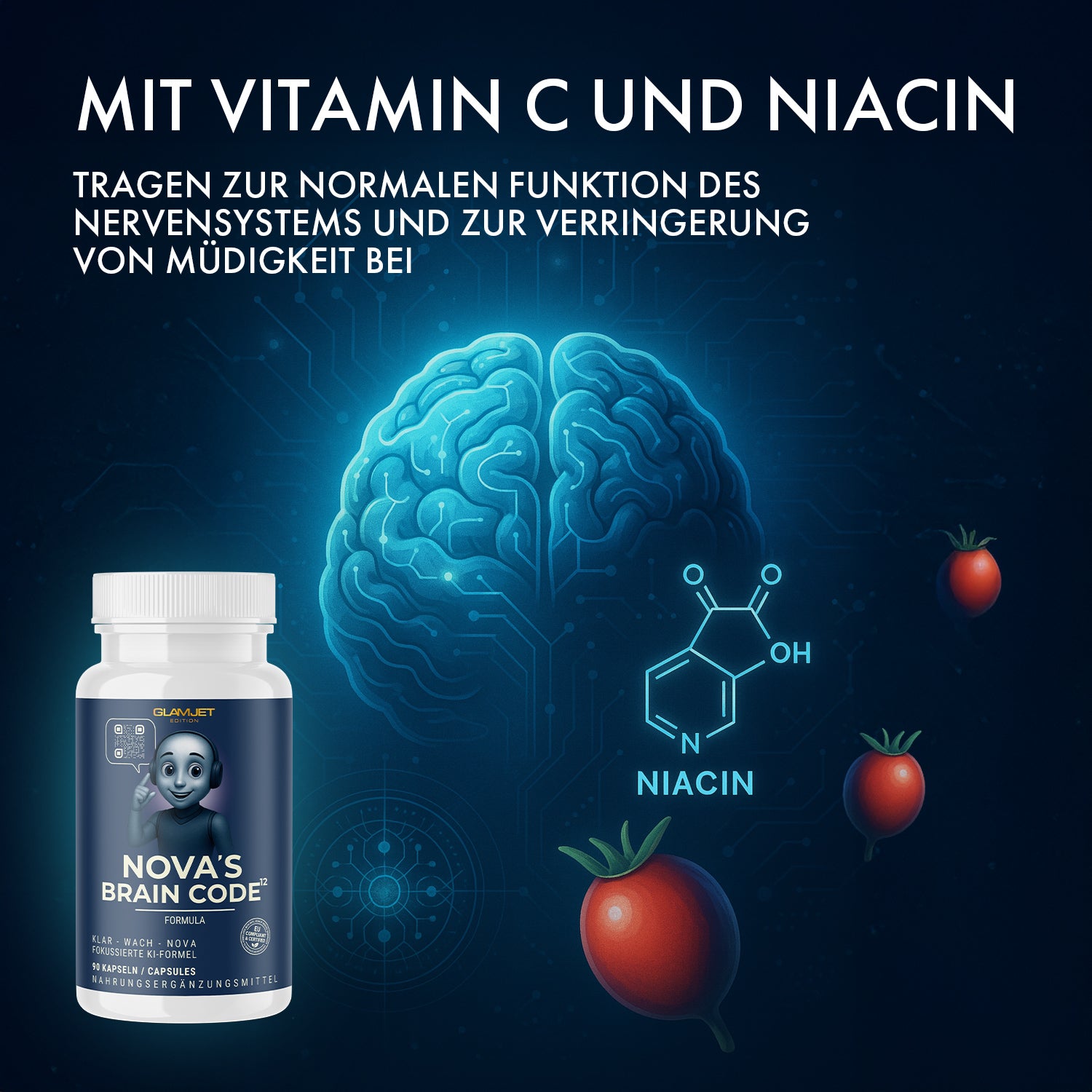 Blaues Gehirnmotiv mit chemischer Niacinformel, Hagebutten und Dose NOVA’S BRAIN CODE