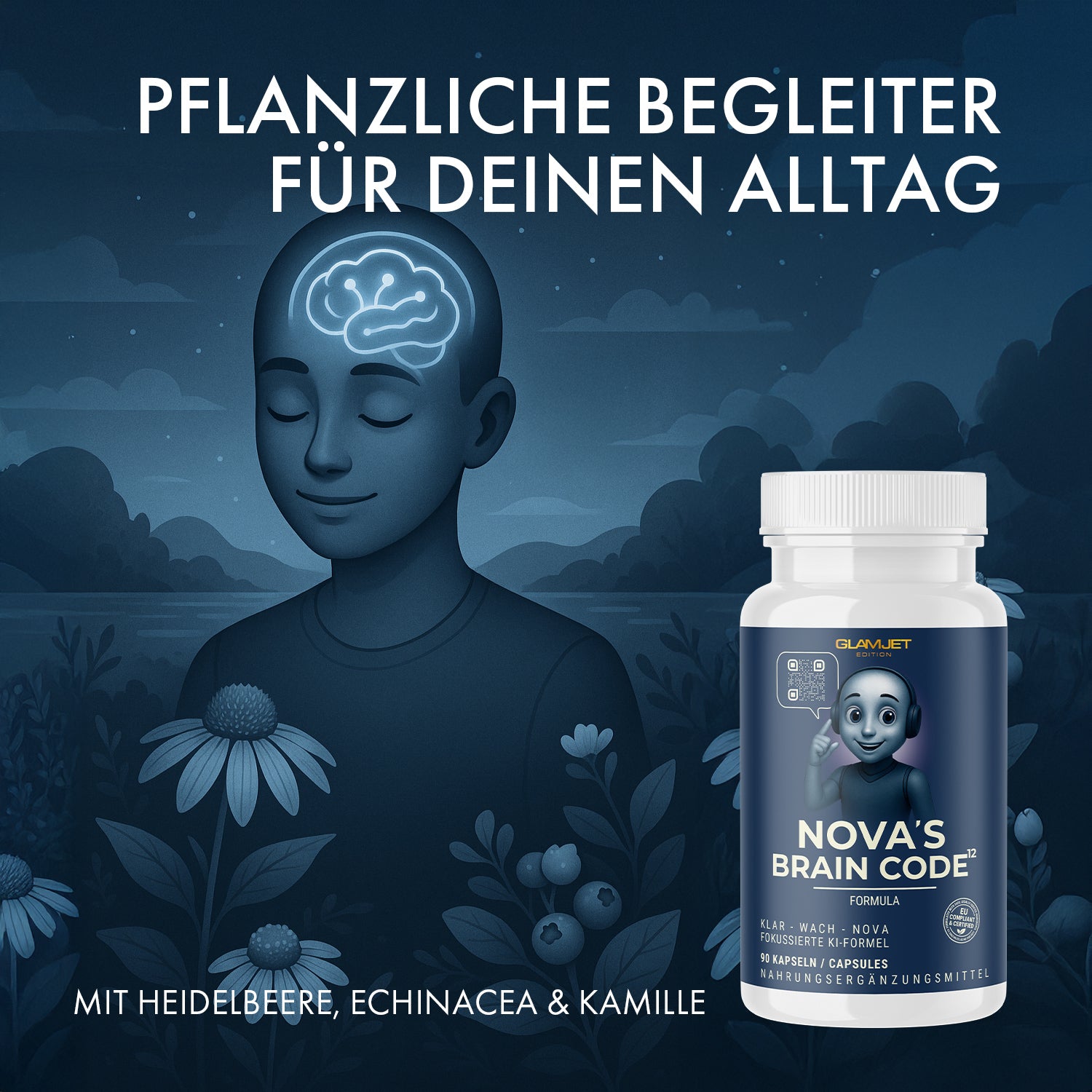 Beruhigte Person mit Pflanzen und leuchtendem Gehirn, rechts Kapseldose NOVA’S BRAIN CODE