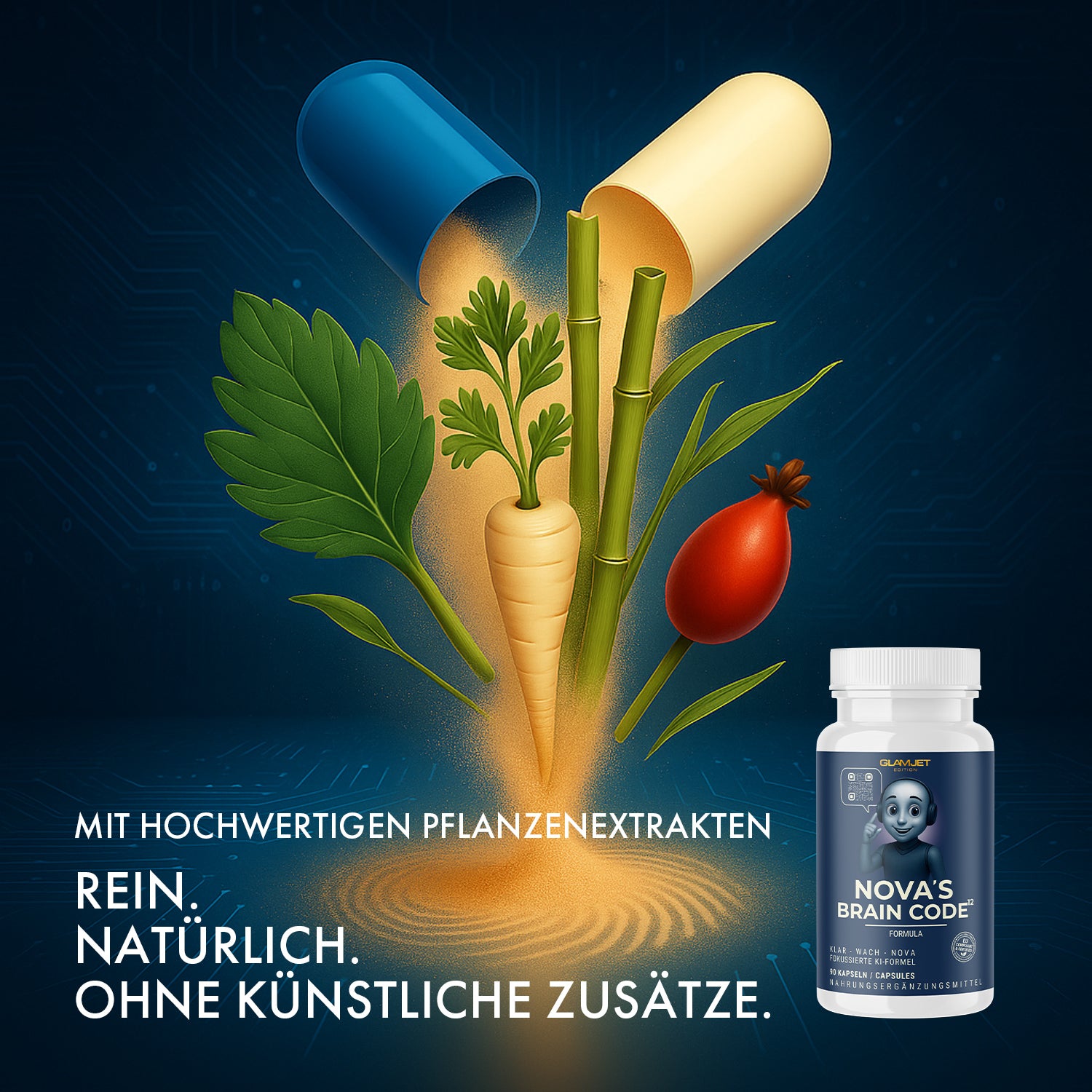 Pflanzeninhaltsstoffe aus aufspringender Kapsel mit Dose NOVA’S BRAIN CODE daneben