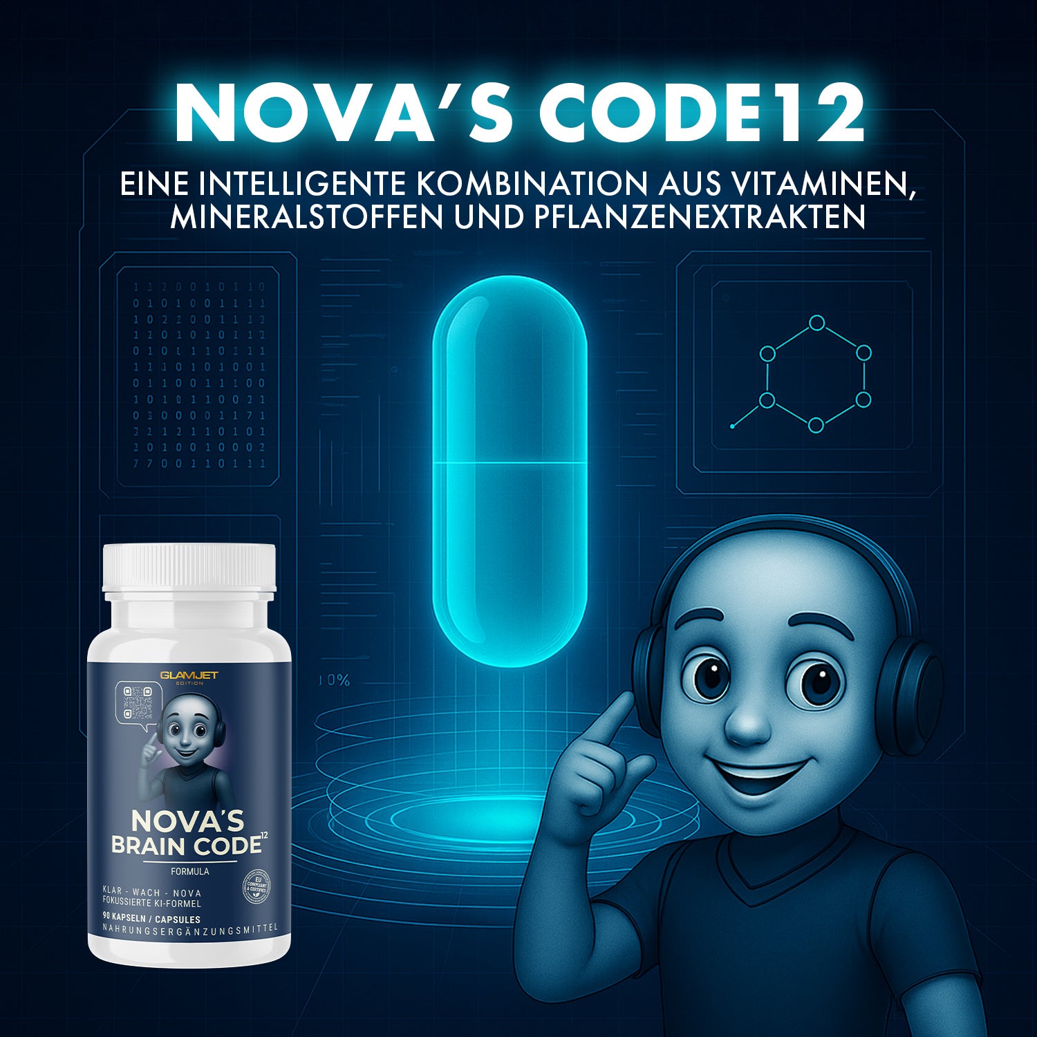 Futuristische Szene mit NOVA’S BRAIN CODE Dose, KI-Figur und visualisierter Kapsel