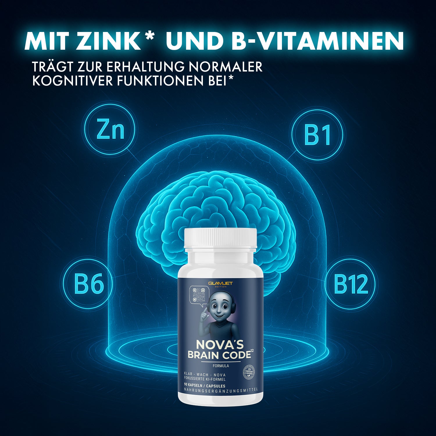 Dose NOVA’S BRAIN CODE vor digitalem Gehirn mit Kreisen für Zink, B1, B6 und B12