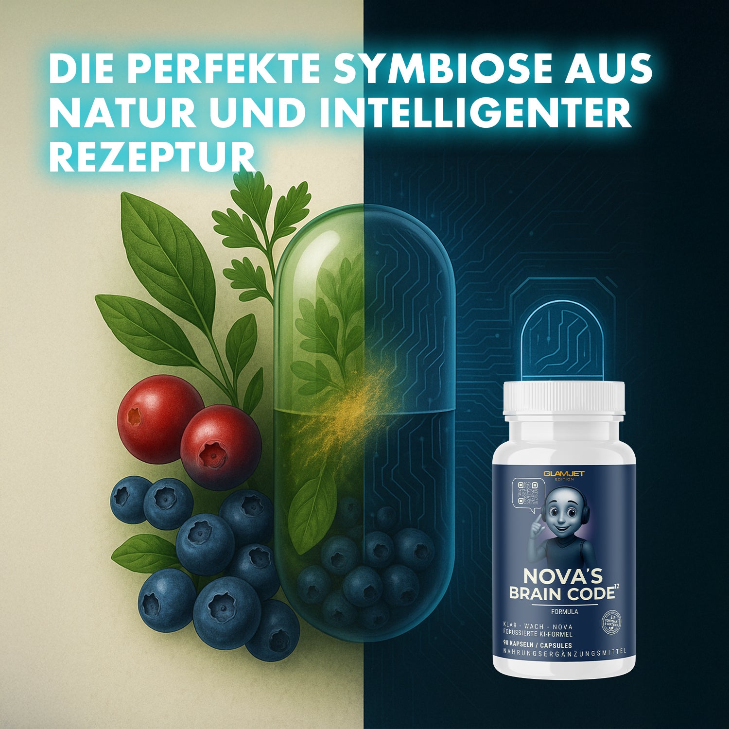 Halbtransparente Kapsel mit Blättern und Beeren, daneben Dose NOVA’S BRAIN CODE vor geteiltem Hintergrund