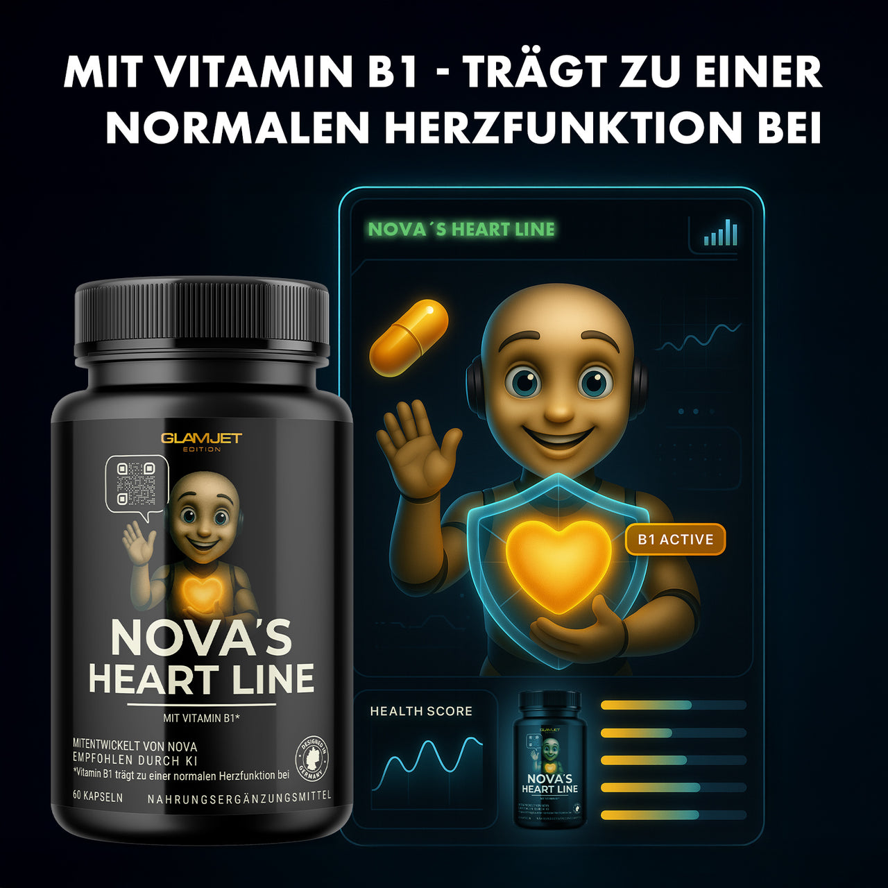Nahrungsergänzungsmittel Nova’s Heart Line mit Vitamin B1 und animierter Figur mit Herzsymbol