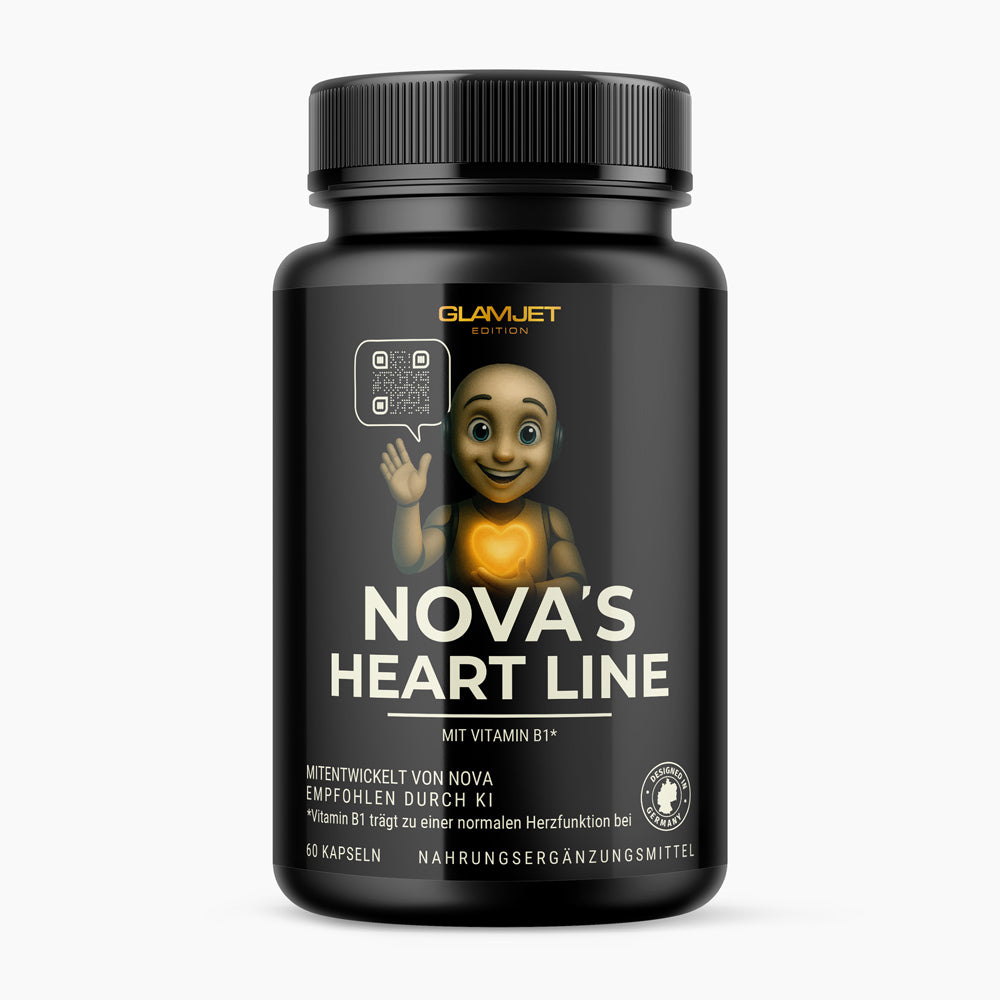 Black plastic container with NOVA'S HEART LINE lettering containing 60 capsules and vitamin B1