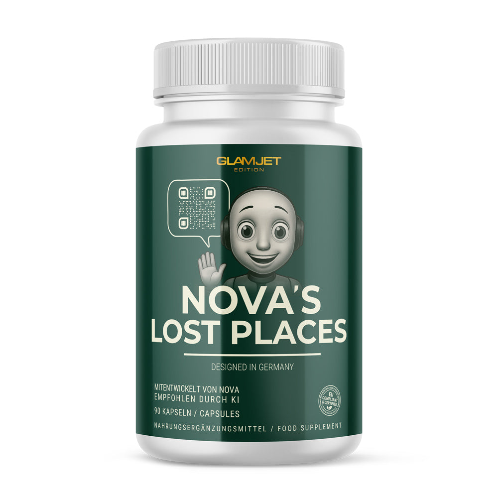 Weiße Kunststoffdose mit grünem Etikett NOVA’S LOST PLACES 90 Kapseln mit Figur und QR-Code