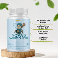 Thumbnail for Produktdose NOVA’S Nature Shield mit Illustration, Werbetext und 60 Kapseln auf Podest