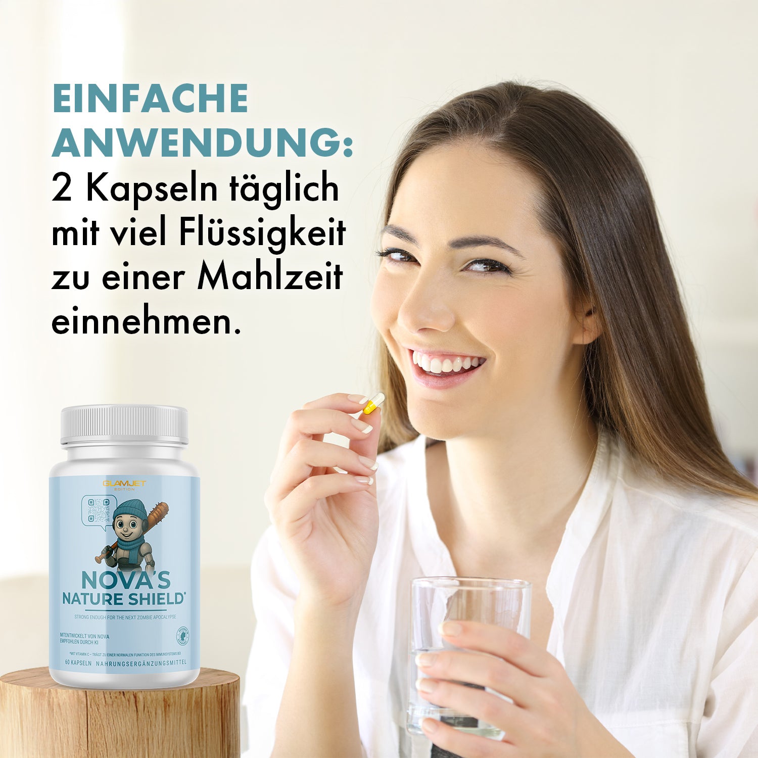 Anwendungsempfehlung für NOVA’S Nature Shield mit Frau, Kapsel und Glas Wasser