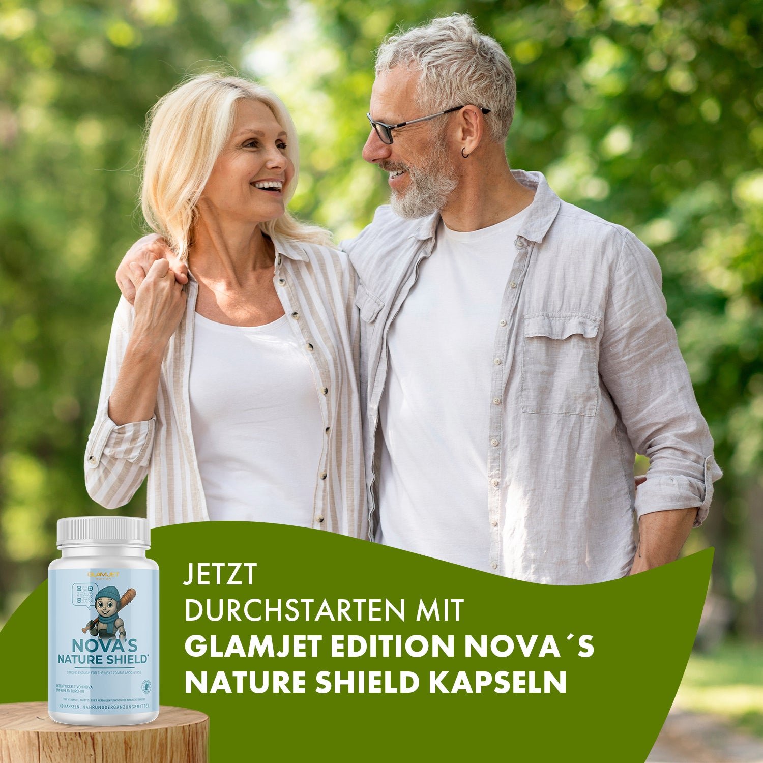 Älteres Paar im Park, daneben weiße Dose NOVA'S NATURE SHIELD mit 60 Kapseln