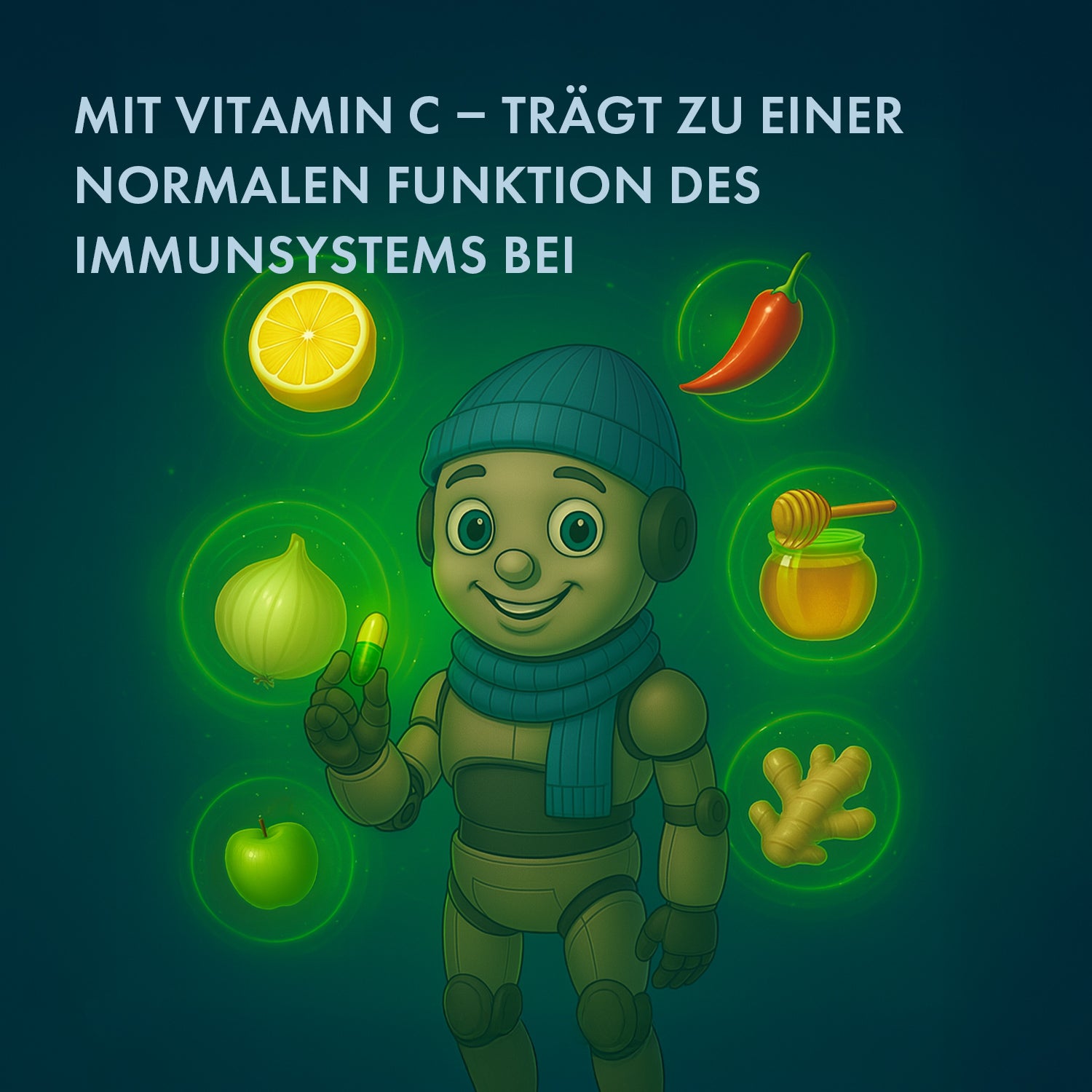 Gezeichnete Figur mit Kapsel vor Icons von Zitrone, Apfel, Chili, Honig, Zwiebel und Ingwer