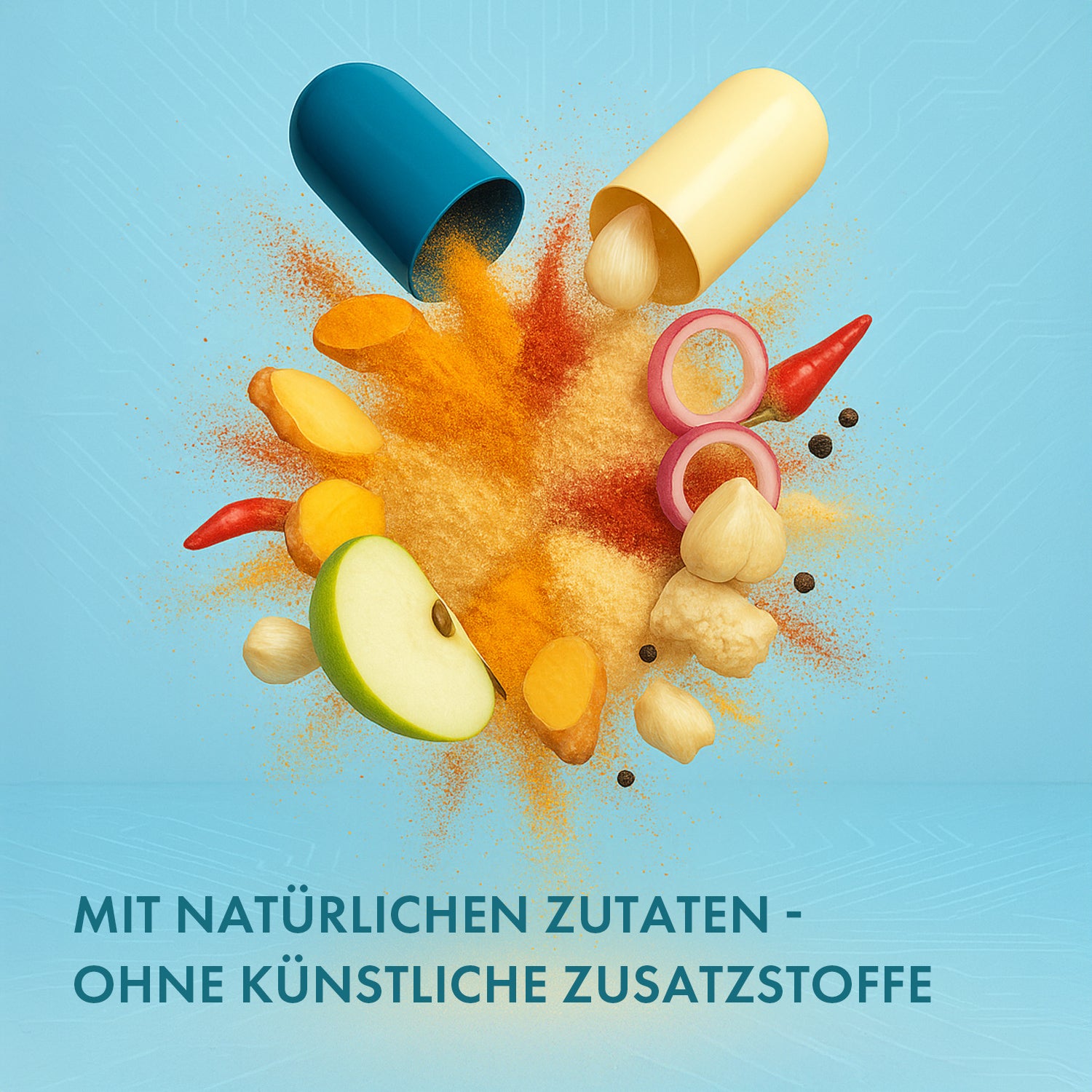 Geöffnete Kapsel mit Pulver und natürlichen Zutaten wie Apfel, Chili, Kurkuma und Zwiebel