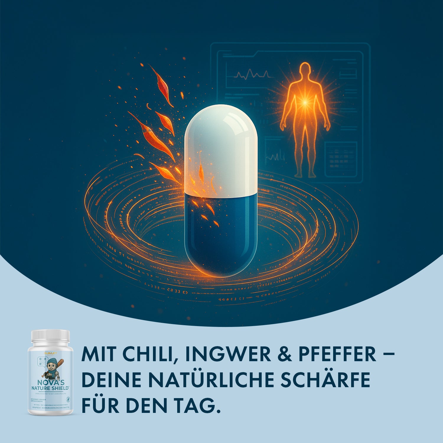 Blau-weiße Kapsel mit orangefarbenen Wirbeleffekten vor Silhouette und NOVA'S NATURE SHIELD Dose