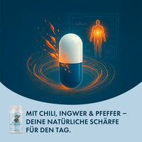 Thumbnail for Blau-weiße Kapsel mit orangefarbenen Wirbeleffekten vor Silhouette und NOVA'S NATURE SHIELD Dose