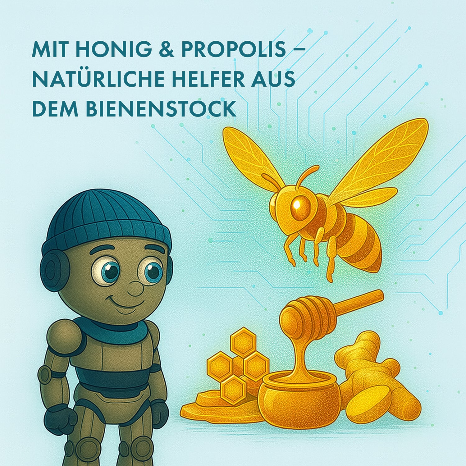 Gezeichnete Figur mit Biene, Honigwabe, Honiglöffel und Propolis vor digitalem Hintergrund