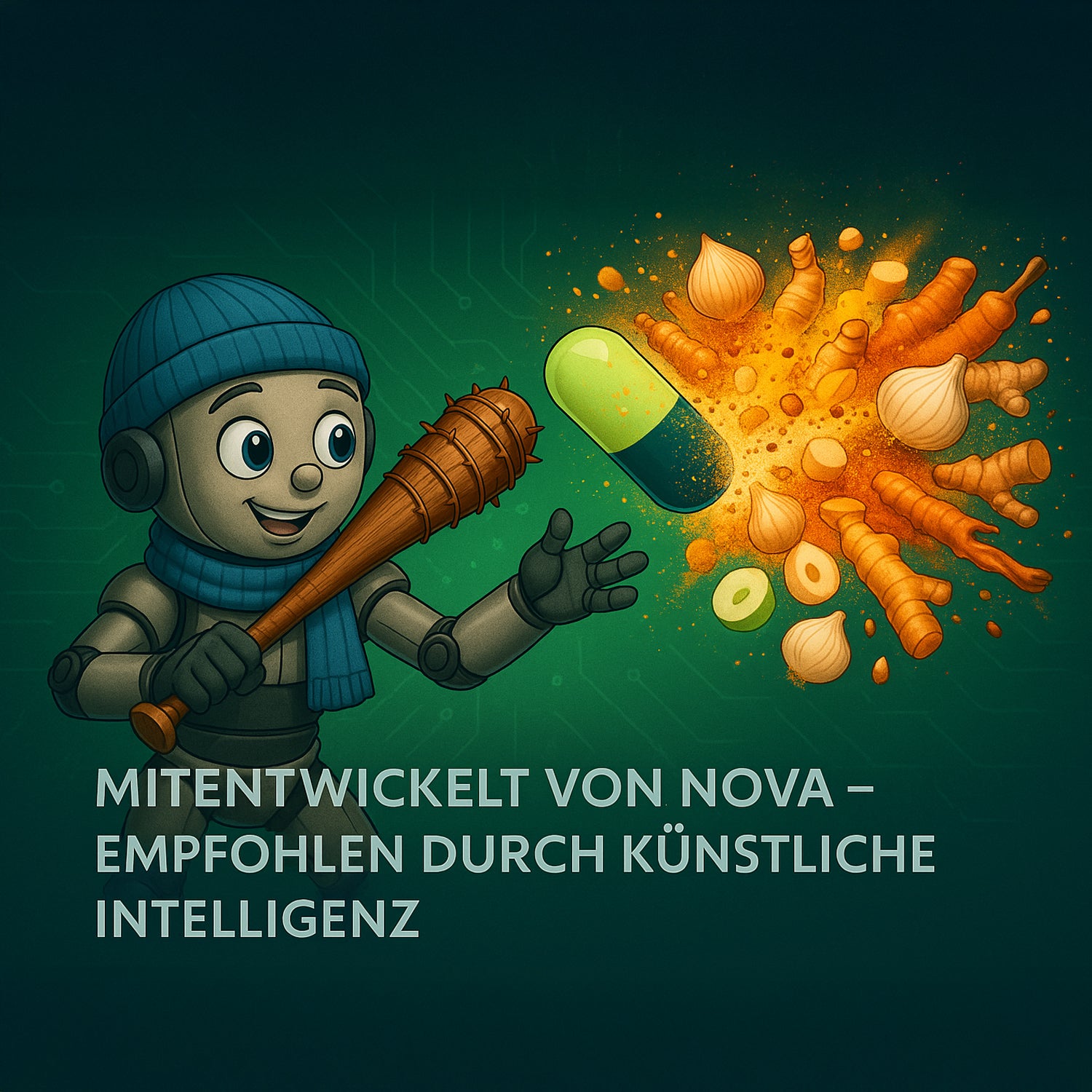 Gezeichnete Figur mit Keule neben  Kapsel und Zutaten wie Ingwer, Zwiebel und Kurkuma