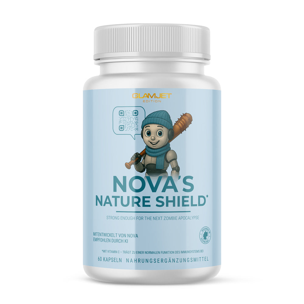 Weiße Kunststoffdose mit Schrift NOVA'S NATURE SHIELD mit 60 Kapseln und Vitamin C