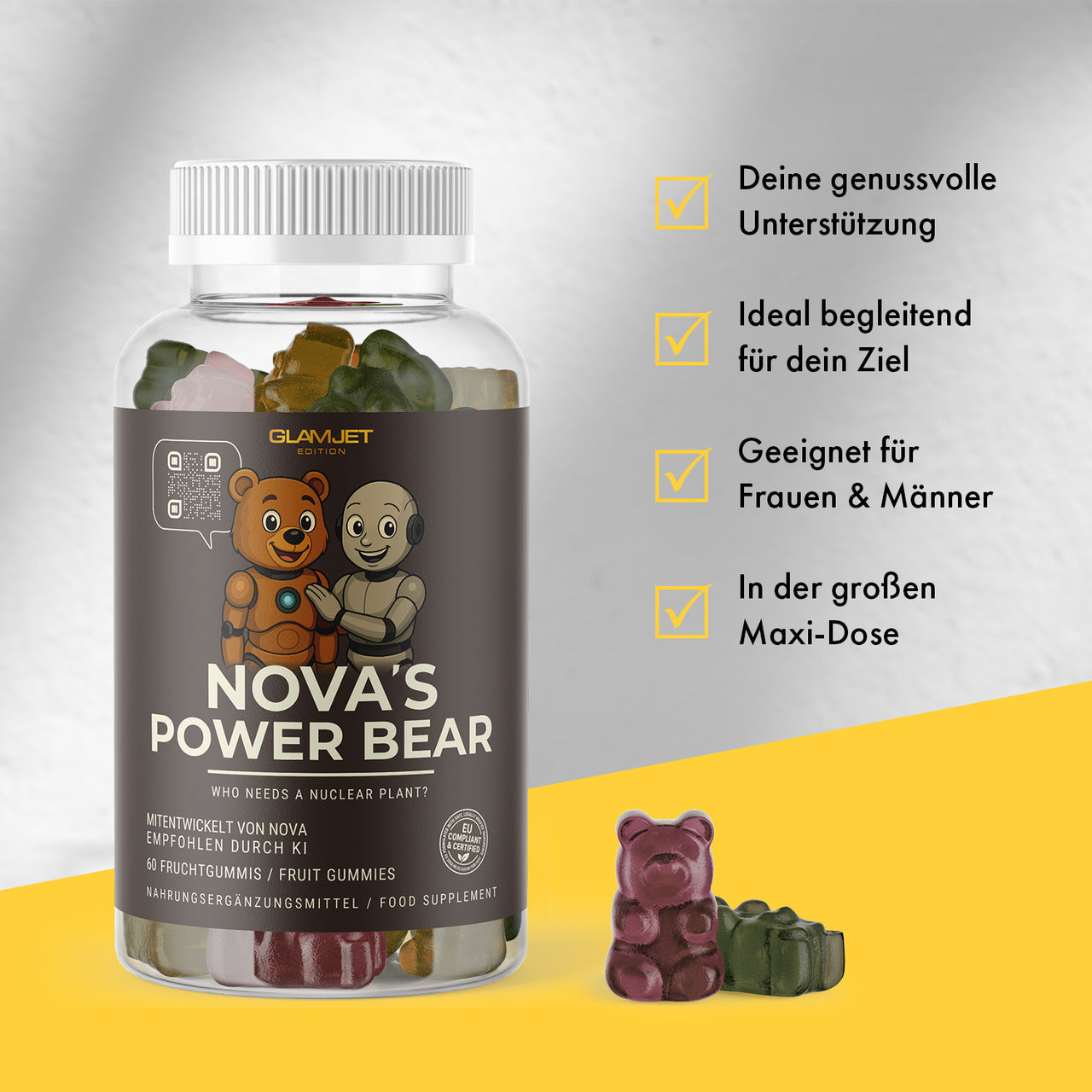 Dose mit Etikett NOVA’S POWER BEAR und gelber Fläche mit vier Haken und Text rechts daneben