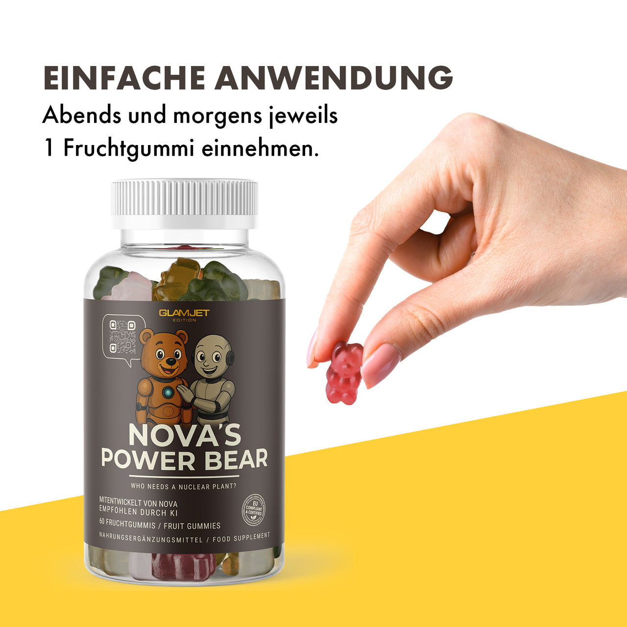 Dose NOVA’S POWER BEAR links unten, rechts daneben Hand mit rotem Fruchtgummi zwischen Fingern