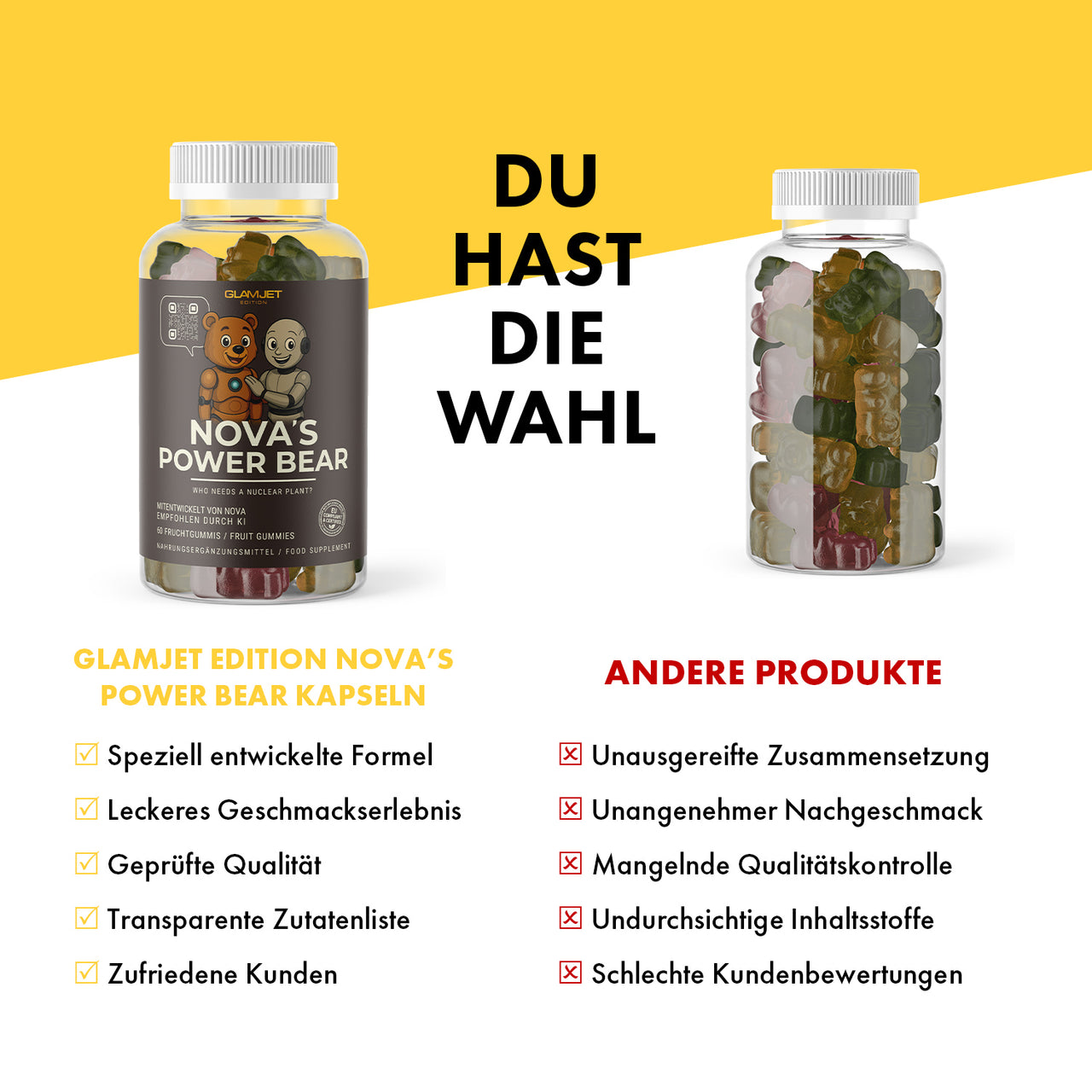 Links Dose mit Aufschrift NOVA’S POWER BEAR, rechts neutrale Dose mit Fruchtgummis ohne Etikett