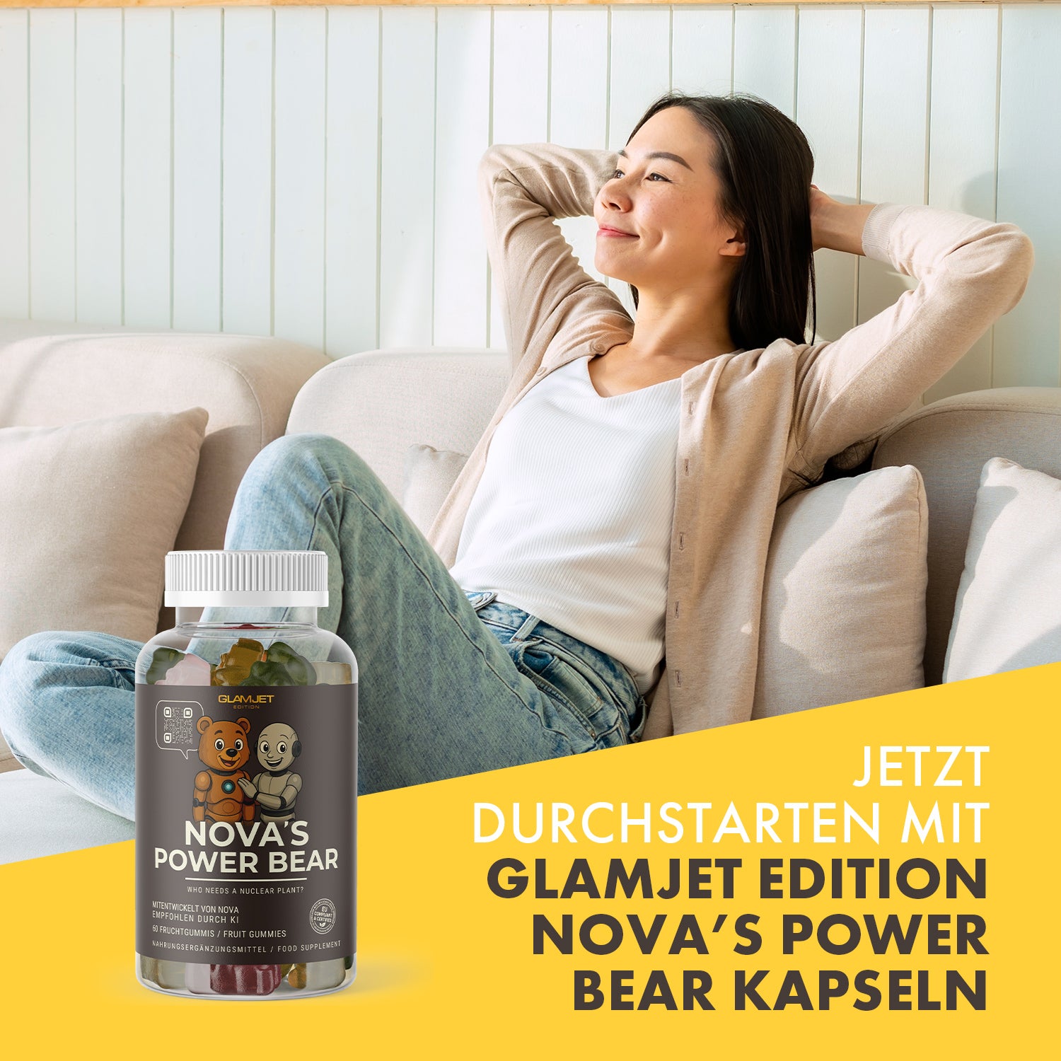 Woman sitting relaxed on sofa with bent legs, can of NOVA'S POWER BEAR in front left