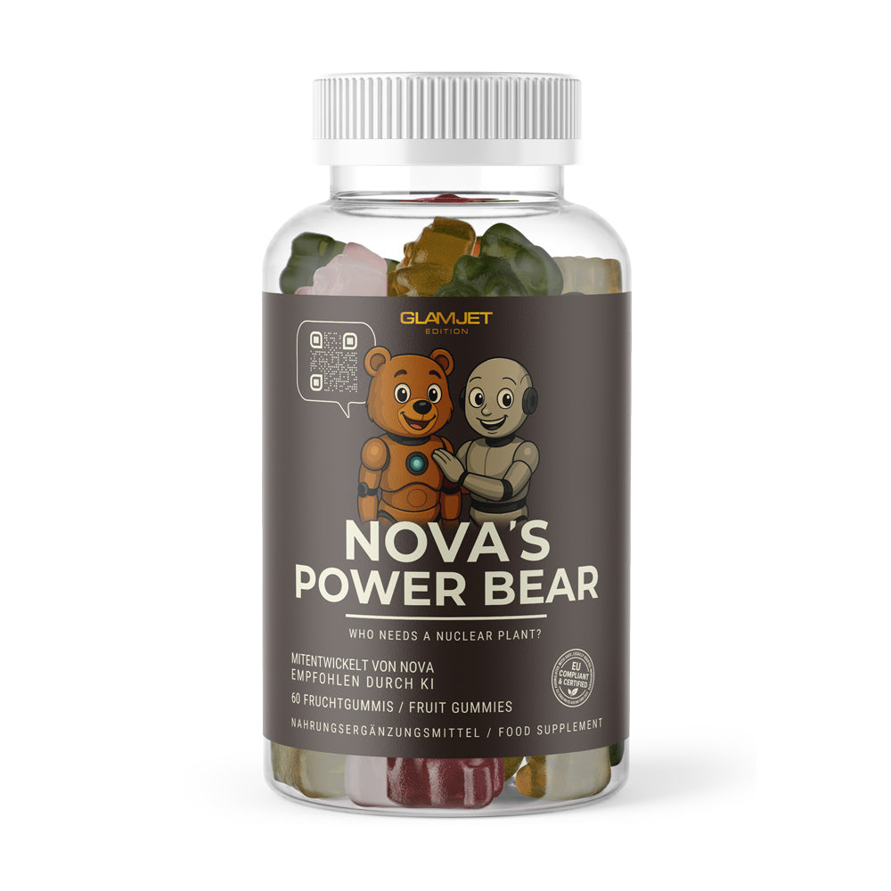 Dose mit Etikett NOVA’S POWER BEAR und zwei Comicfiguren auf dunklem Hintergrund