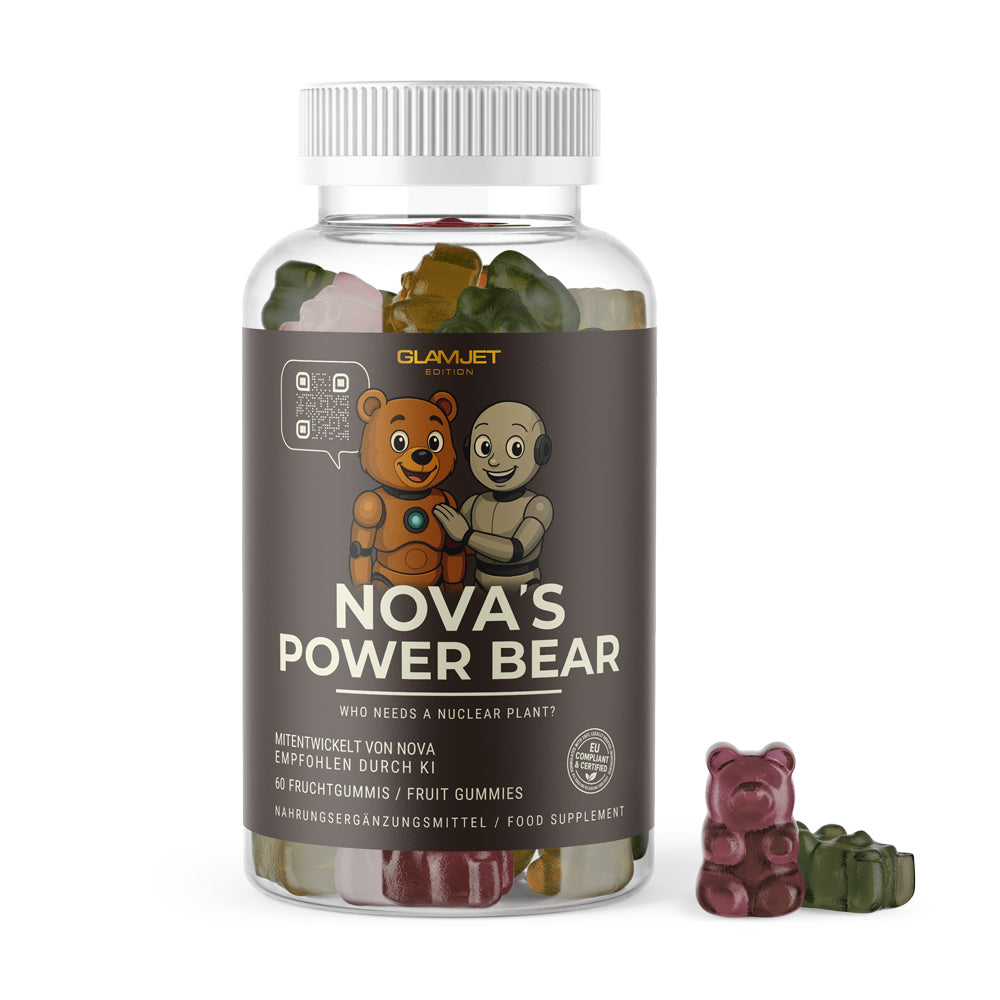 Dose mit Etikett NOVA’S POWER BEAR und zwei Fruchtgummis daneben in Rot und Grün