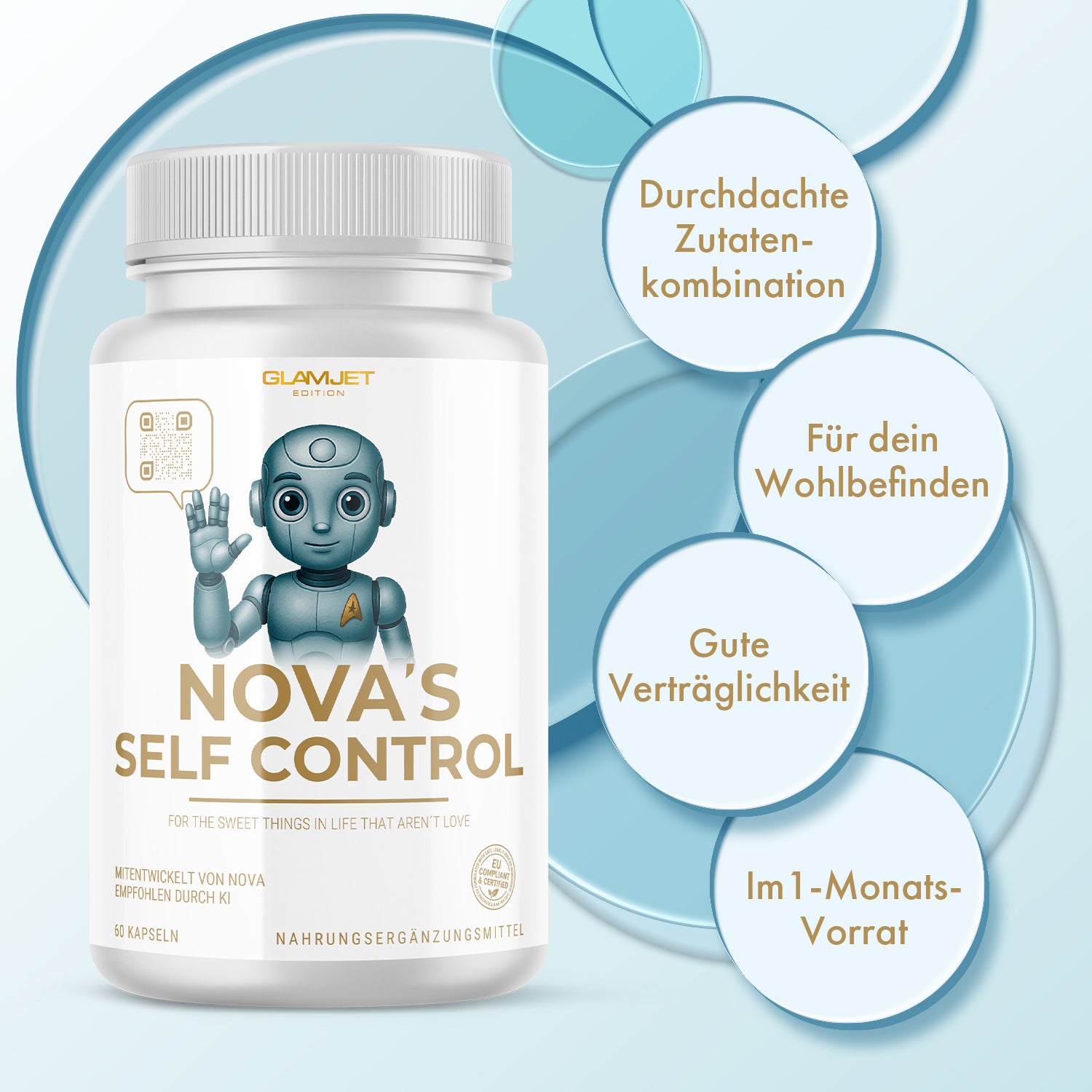 Dose NOVA'S SELF CONTROL mit Roboterbild vor Hintergrund mit Kreisen und Werbetexten