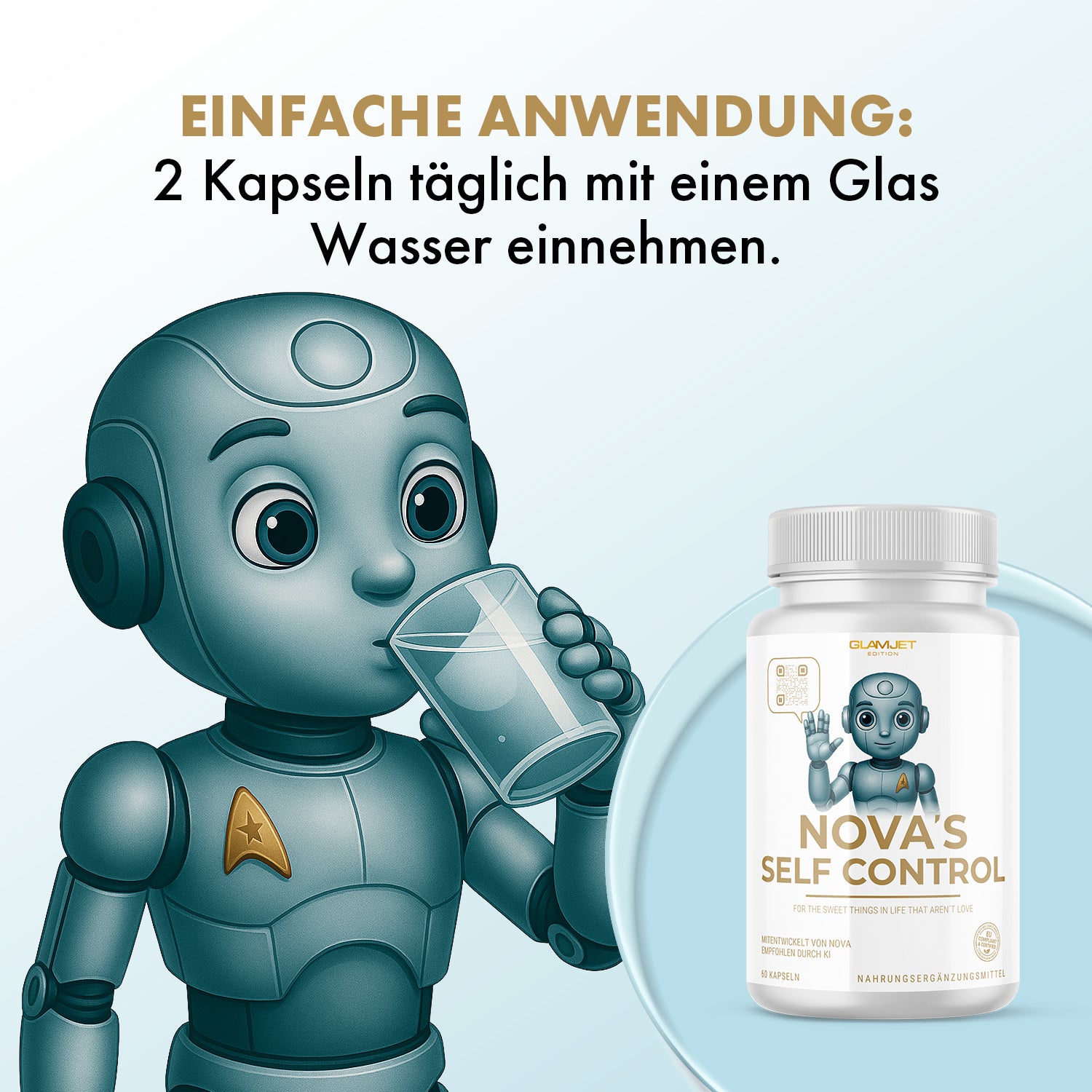 Roboterfigur mit Trinkglas und Dose NOVA'S SELF CONTROL mit Einnahmehinweis im Hintergrund