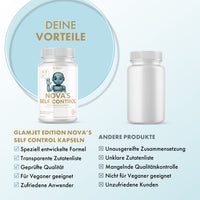 Thumbnail for Dose NOVA'S SELF CONTROL links neben neutraler Dose mit tabellarischem Produktvergleich