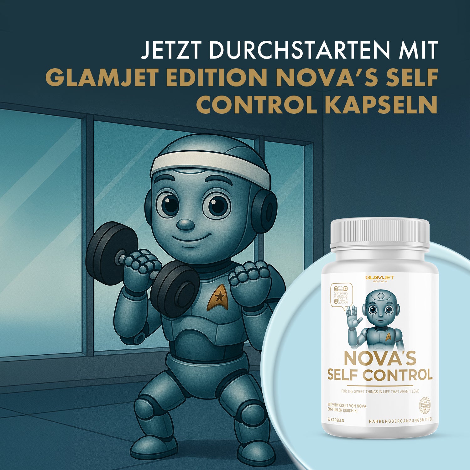 Roboterfigur mit Stirnband und Hanteln neben Dose NOVA'S SELF CONTROL 