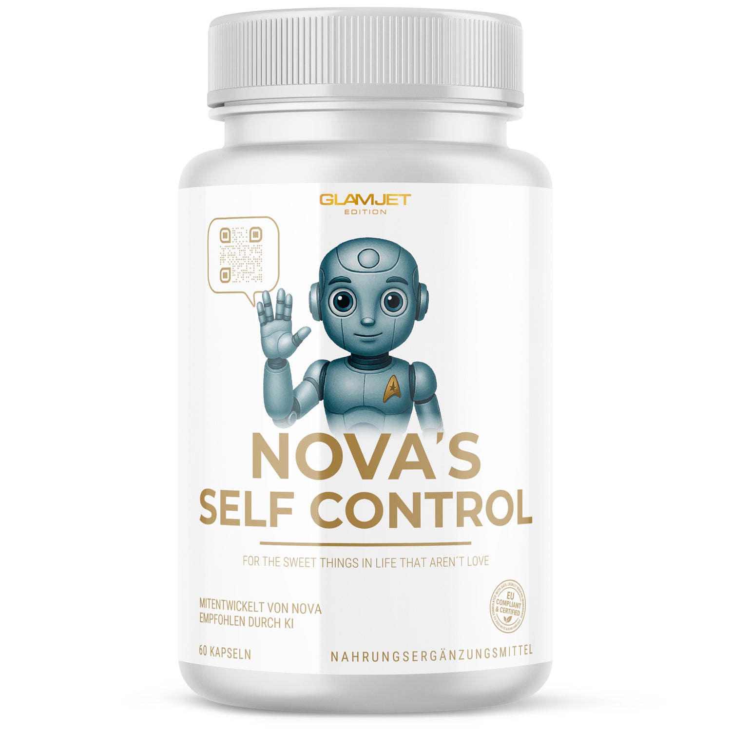 Weiße Kunststoffdose mit Schrift NOVA'S SELF CONTROL und Roboterabbildung auf der Vorderseite